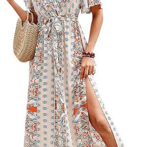 Women's Boho Floral Maxi Dress V Neck Short Sleeve Ruffle Split Beach
